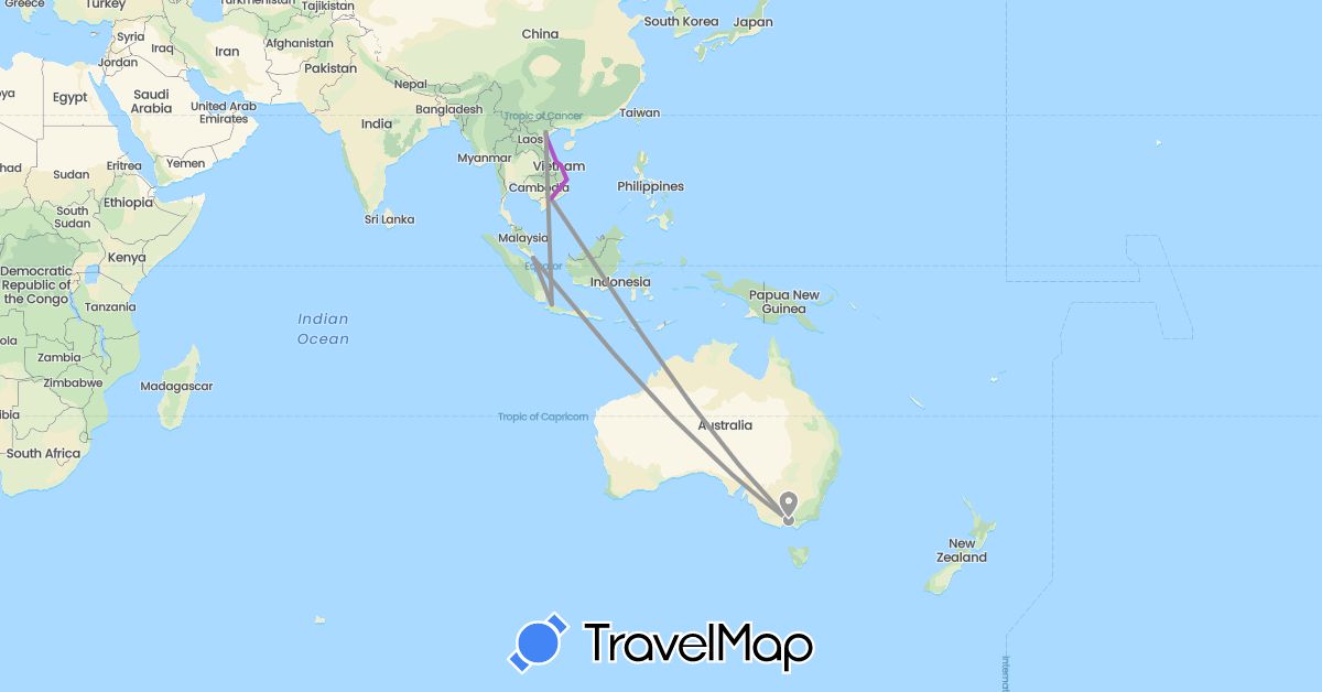 TravelMap itinerary: driving, plane, train in Australia, Indonesia, Singapore, Vietnam (Asia, Oceania)